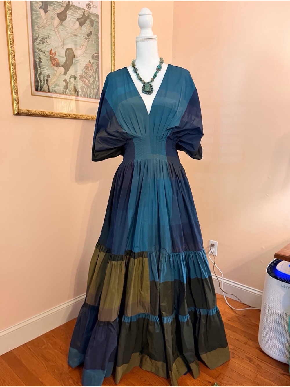 Trina Turk Teal and Olive V-Neck Tiered Maxi Dress